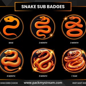 Puede incluir: Un conjunto de seis insignias de serpiente naranja sobre un fondo negro. Cada insignia circular presenta un diseño de serpiente estilizado. El texto indica la duración: Base, 2 meses, 3 meses, 6 meses, 9 meses y 1 año. La imagen también incluye una dirección web.