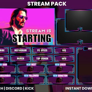 Peut inclure: Un pack de stream numérique avec un thème violet et noir. Le pack comprend des écrans de superposition, des boutons pour les médias sociaux et un écran de démarrage avec le texte "STREAM IS STARTING". Le pack est pour Twitch, Discord et Kick.