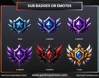 Twitch Sub Badges / Bit Badges, Ranked Shield Loyalty Badges for Twitch, Kick, Discord, Gaming Streamer Assets, Instant Digital Download