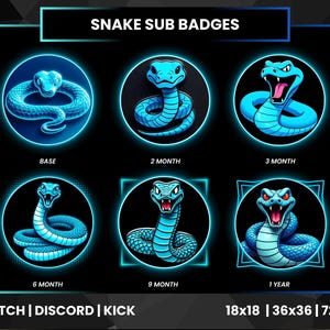 以下が含まれることがあります： Twitch、Discord、Kick用の、青いヘビをテーマにした6つのサブバッジのセット。各バッジは、ベース、2、3、6、9ヶ月、1年のバリエーションを持つ、円形のフレーム内の様式化されたヘビを特徴としています。サイズ：18x18、36x36、72x72ピクセル。