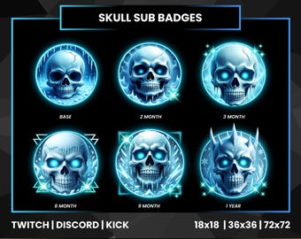 Icy Glow Skull Twitch Sub Badges | 6x PNG Pack (Digital Download)