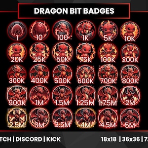 May include: A collection of red and orange dragon-themed badges for Twitch, Discord, and Kick. The badges feature various dragon illustrations with numbers indicating bit amounts, ranging from 1 to 5M. The image also includes sizes 18x18, 36x36, and 72x72.