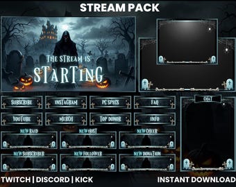 May include: A digital stream pack with a spooky Halloween theme. The main graphic features a hooded figure in front of a haunted castle, with the text "The Stream Is Starting". Includes various overlay elements and buttons for Twitch, Discord, and Kick.