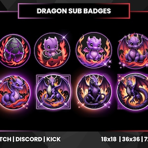 Può includere: Set di otto badge secondari a tema drago in un design circolare. I badge presentano draghi viola, uova e fiamme, con il testo "DRAGON SUB BADGES" in alto. Le dimensioni sono 18x18, 36x36 e 72x72 pixel.