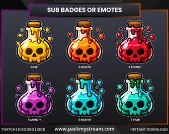 Skull Potion Twitch Sub Badges, Bit Badges & Discord Emotes | Spooky Goth Tier Loyalty Badges, Kick Streamer Assets, Instant Download