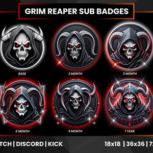 Grim Reaper Sub Badges for Twitch | Scythe Skull Badges| Death-Themed Twitch Badges | Discord  Kick | OBS Twitch