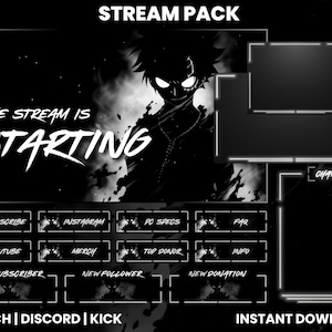 May include: Black and white stream pack design with anime-style character art. Includes overlay elements for Twitch, Discord, and Kick, with text that reads "The Stream Is Starting." Features buttons for subscribers, social media, and more. Instant download.