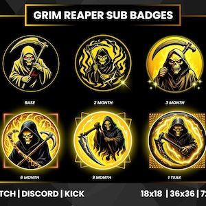 Yellow Grim Reaper Sub Badges for Twitch | Yellow Scythe Skull Badges| Death-Themed Twitch Badges | Discord  Kick | OBS Twitch