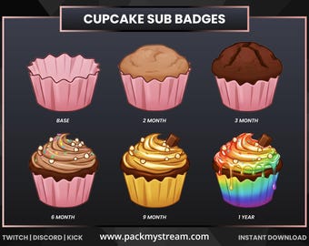 Cupcake Sub Badges for Twitch, Discord, Kick | Kawaii Bakery Stream Assets (PNG)