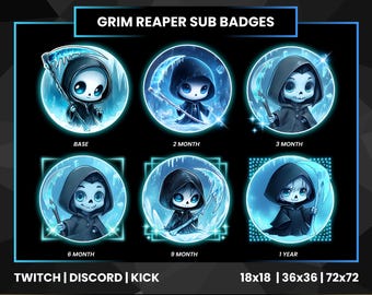 Blue Grim Reaper Twitch Sub Badges| Kick Emotes| Scythe Skull PNG