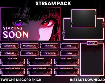 Neon Anime Stream Pack | Cyberpunk Twitch Overlays, Animated Alerts  | Kick Overlay