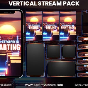 Puede incluir: Un paquete de arte digital para streaming móvil, con un fondo de puesta de sol en la ciudad. Incluye pantallas superpuestas con texto como "The Stream is Starting", "Ending", "Offline" y "Right Back".