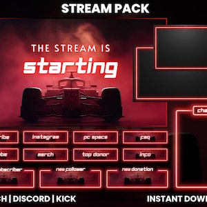 Può includere: Un pacchetto di streaming digitale con un tema rosso e nero. Il testo "THE STREAM IS starting" è in bianco, con un'immagine di auto da corsa. Include pulsanti per iscriversi, Instagram, specifiche PC, FAQ, YouTube, merchandising, ecc.