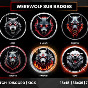 Puede incluir: Un conjunto de seis insignias secundarias con temática de hombre lobo sobre un fondo negro. Cada insignia presenta una cabeza de lobo detallada con ojos rojos brillantes, enmarcada en un círculo plateado. Las insignias están etiquetadas para diferentes duraciones de suscripción, de "Base" a "1 Year".