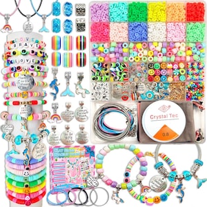 May include: A colorful bracelet-making kit with various beads, charms, and string. The kit includes a variety of bracelet designs, including rainbow, smiley face, and charm bracelets. The kit also includes necklaces and a container with different colored beads.