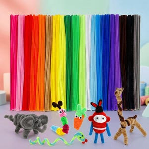 May include: A large collection of multi-colored pipe cleaners arranged in a vertical spectrum, accompanied by several small figures crafted from pipe cleaners, including an elephant, a worm, a carrot, a creature, and a giraffe.