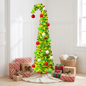 6ft Whimsical Curved Christmas Tree, Lighted Tinsel Tree, Pop Up Holiday Decor, Battery Operated LED Xmas Tree