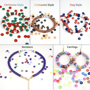 Puede incluir: Una colecci&oacute;n de joyas hechas a mano, que incluyen pulseras y pendientes. Las pulseras presentan dise&ntilde;os tem&aacute;ticos de Navidad, Halloween y bandera. El collar es azul con la palabra "SMILE". Los pendientes son coloridos.