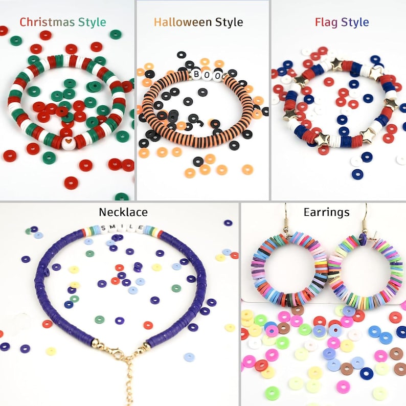 Puede incluir: Una colecci&oacute;n de joyas hechas a mano, que incluyen pulseras y pendientes. Las pulseras presentan dise&ntilde;os tem&aacute;ticos de Navidad, Halloween y bandera. El collar es azul con la palabra "SMILE". Los pendientes son coloridos.