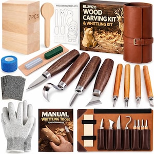 May include: A wood carving and whittling kit including seven wooden blocks, four dark wood-handled carving knives, four smaller detail tools, a leather tool roll, a sharpening stone, sandpaper, cut-resistant gloves, and a manual.