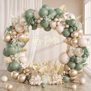 130Pcs Sage Green & Gold Balloon Garland Arch Kit – Elegant Baby Shower, Bridal, Birthday, Wild One, Engagement Party Decorations