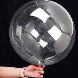 May include: A large, clear, round balloon held by a person's hand. The balloon has a transparent, bubble-like appearance with a smaller, inner sphere. The balloon is held against a black background.