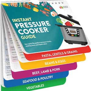 May include: A spiral-bound Instant Pressure Cooker Guide with a teal cover featuring a pressure cooker illustration and food icons. The flip guide includes color-coded tabs labeled Pasta, Lentils & Grains, Beans & Eggs, Beef, Lamb & Pork, Seafood & Poultry, and Vegetables.