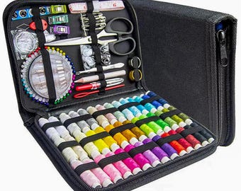 Kit de costura con estuche negro. Suministros de costura portátiles. Hogar, viajes, adultos, principiantes, emergencias. Incluye 42 hilos, tijeras, agujas y cinta métrica.