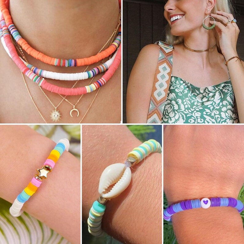 Puede incluir: Un collage de joyas coloridas. La imagen presenta collares en capas con cuentas de disco naranja, rosa y blanco, y collares con colgantes dorados. Tambi&eacute;n se muestran pulseras con dijes de estrella, una concha y un dije de coraz&oacute;n. Una mujer lleva pendientes de aro y una gargantilla.