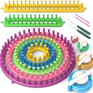 May include: A set of plastic knitting looms including one long yellow loom, one long green loom, four circular looms in purple, pink, green, and blue, two metal hook tools with green handles, two pink plastic needles, and four pom-pom makers.
