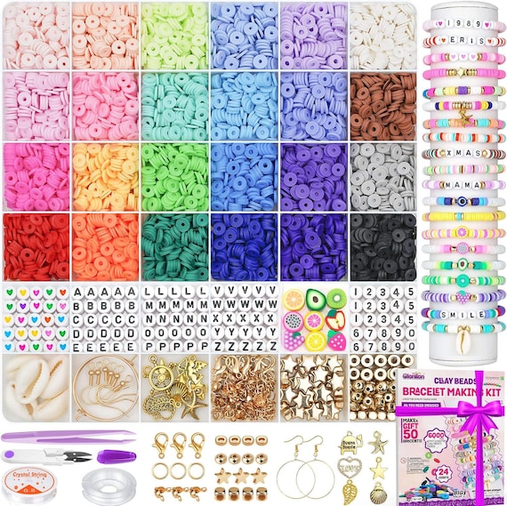 6000 Clay Beads Bracelet Making Kit, 24 Colors Flat Preppy Beads for Friendship Bracelets, Polymer Clay Beads with Charms for Jewelry Making