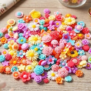 May include: A large collection of small, multi-colored resin flower cabochons in various shapes and sizes, including roses, daisies, and blossoms in shades of pink, yellow, blue, orange, and purple, alongside two pairs of metal pliers.