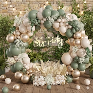 130Pcs Sage Green & Gold Balloon Garland Arch Kit – Elegant Baby Shower, Bridal, Birthday, Wild One, Engagement Party Decorations