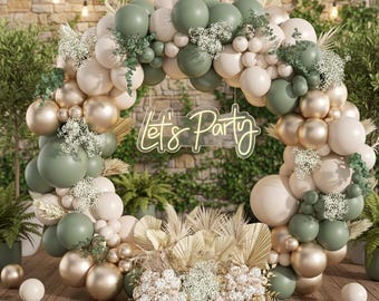 130Pcs Sage Green & Gold Balloon Garland Arch Kit – Elegant Baby Shower, Bridal, Birthday, Wild One, Engagement Party Decorations