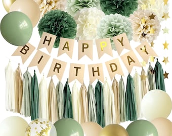 Decoraciones verdes para fiesta de cumpleaños / Banner y globos bohemios rústicos neutros / Decoración botánica safari retro en tonos salvia, oliva y marfil