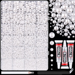 May include: A selection of white craft pearls in different sizes, arranged in a segmented container. Includes three tubes of B-7000 adhesive, tweezers, and a pencil. Suitable for jewellery making and craft projects.