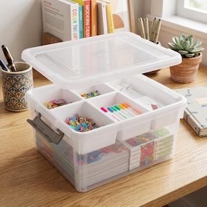 May include: A clear plastic storage bin with a removable lid and an internal white tray featuring six compartments. The tray holds colorful paper clips, binder clips, and markers. The base of the bin contains stacked books and notebooks.
