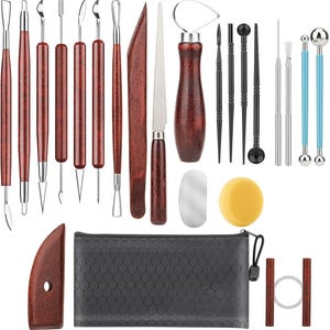 May include: A comprehensive pottery and sculpting tool set. The set includes various tools with wooden handles, metal blades, and sculpting tips. Also included are a sponge, a metal scraper, and a black zippered case for storage.