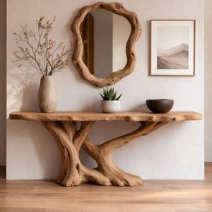 Live Edge-consoletafel Drijfhouten halmeubilair Rustiek massief houten gangtafel Aangepast ontwerp boomwortel