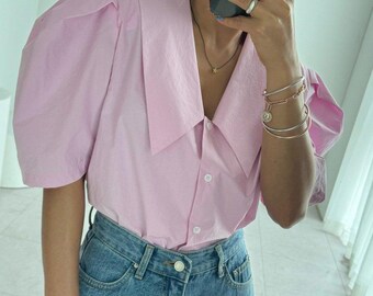 Strawberry Milk Pink Cotton Blouse: Puff Sleeve, Oversized Collar, Korean Style Top