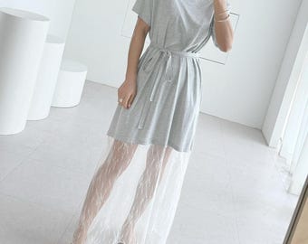 Grey Layered T-Shirt Dress with Lace Hem, Korean Style Relaxed Fit Casual Wear