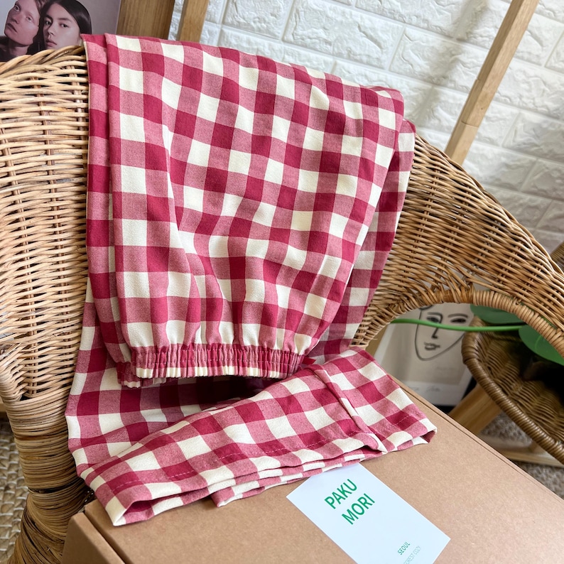 Red Gingham Lounge Pants, Soft Cotton Pajamas immagine 3