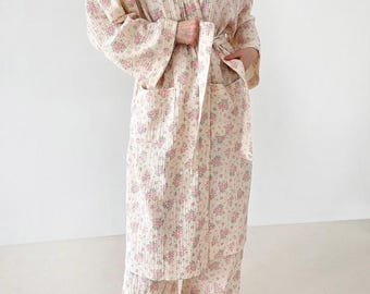 Floral Gauze Robe and Pants Set | Lightweight Cotton Loungewear, Made in Korea