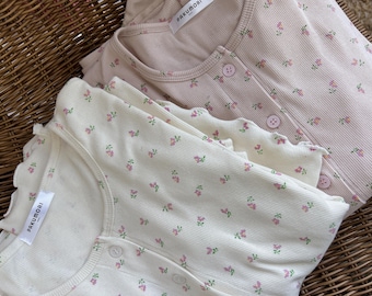 Floral Ribbed Cotton Lounge Set (Top + Pants) – Cozy Matching Homewear in Ivory & Pink