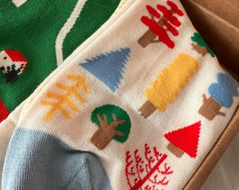 Forest Village Cotton Socks | Cozy Cottagecore Nature Landscape Crew Socks
