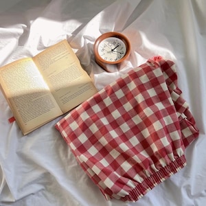 Red Gingham Lounge Pants, Soft Cotton Pajamas immagine 1
