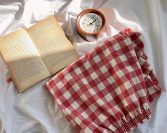 Red Gingham Lounge Pants, Soft Cotton Pajamas