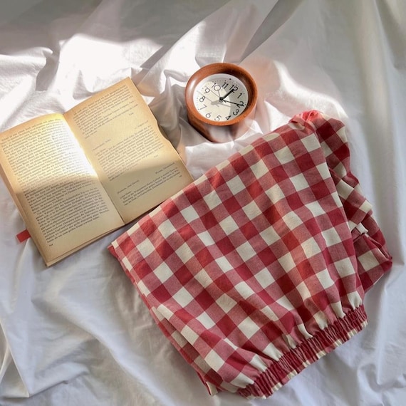 Red Gingham Lounge Pants, Soft Cotton Pajamas