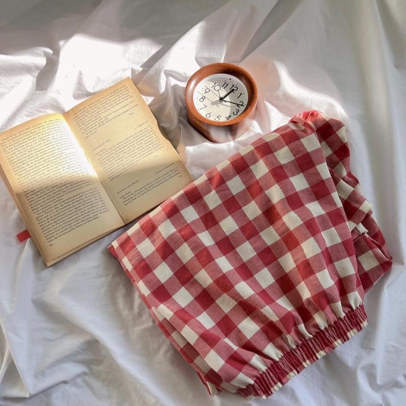 Red Gingham Lounge Pants, Soft Cotton Pajamas immagine 1