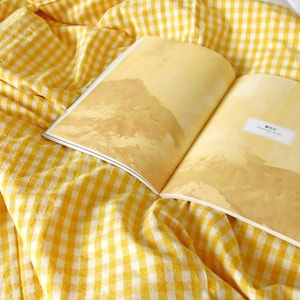 May include: An open book with yellow pages and a landscape illustration, resting on a yellow and white checkered fabric. The book's pages display a mountain range scene. The fabric has a gingham pattern.